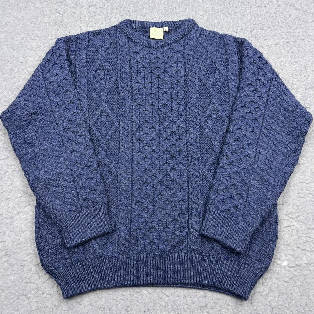 VTG Aran Country Sweater Men's Large Blue Chunky Cable Knit Wool‎ Jumper Ireland